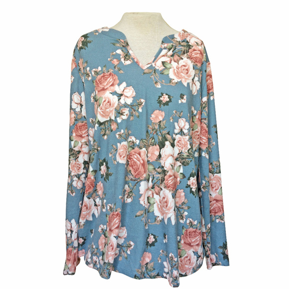 Nina K Sweaters - Nina K Dusty Blue Rose Floral Popover Sweater XL